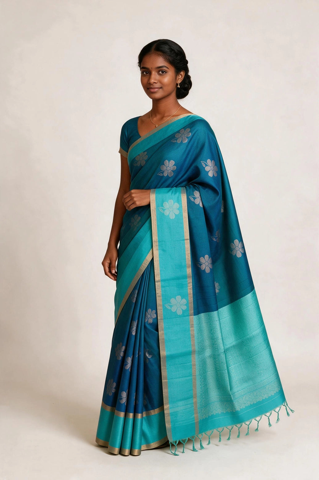Teal Blue Soft Silk Saree with Contrast Body, Border and Floral Motifs - Teal Blue