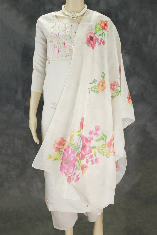 Elegant Beige Roman Silk 3 Piece Kurti Set with Digital Dupatta