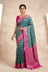 Madhumita Fancy Teal Cotton Organza Saree with Floral Pallu and Stone Work Designer Blouse - Teal