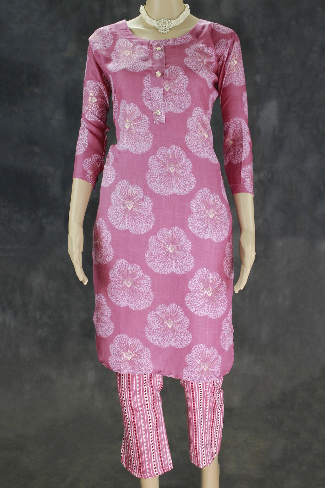 Onion Pink Floral 2-Piece Kurta Set with Elasticated Printed Pants - Onion Pink