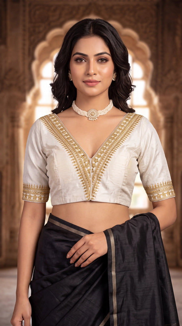 White V-Neck Padded Designer Blouse with Gold Zari Embroidery and Sequin Neckline, Elbow Sleeves - White