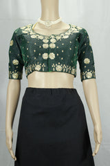 Green Designer Padded Blouse with Floral Embroidery and Sequin Highlights, Fully Stitched Elbow Sleeve Back Knot - Green