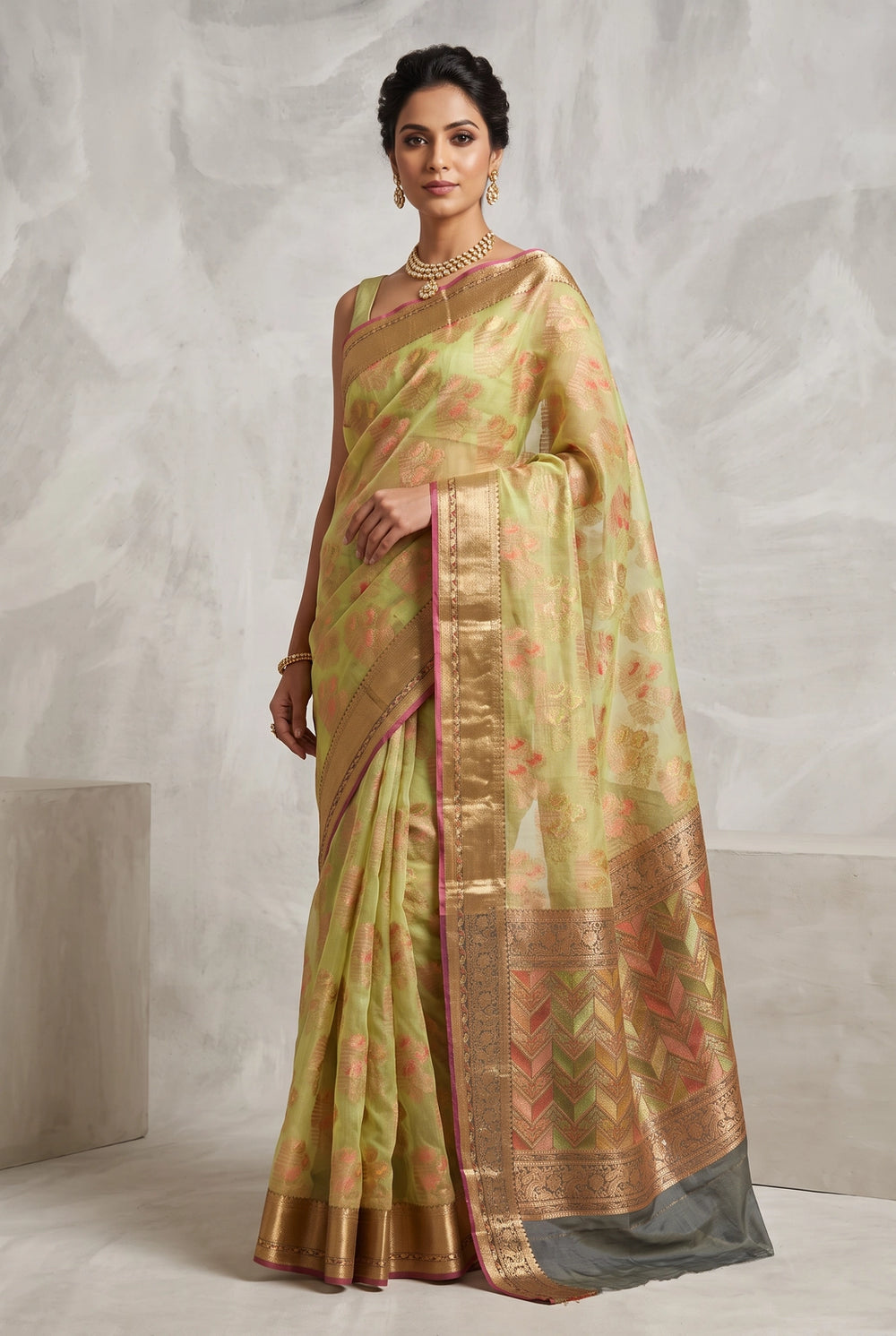 Green Cotton Oraganza Designer Saree with Grand Pallu, Zari Weaving Border & Blouse Piece - Green