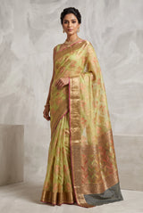 Green Cotton Oraganza Designer Saree with Grand Pallu, Zari Weaving Border & Blouse Piece - Green
