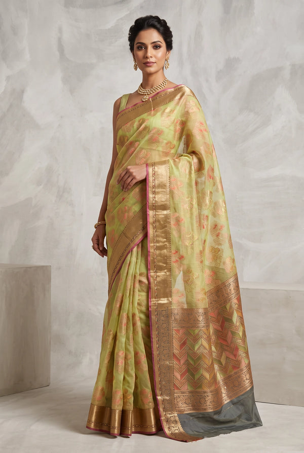 Green Cotton Oraganza Designer Saree with Grand Pallu, Zari Weaving Border & Blouse Piece - Green