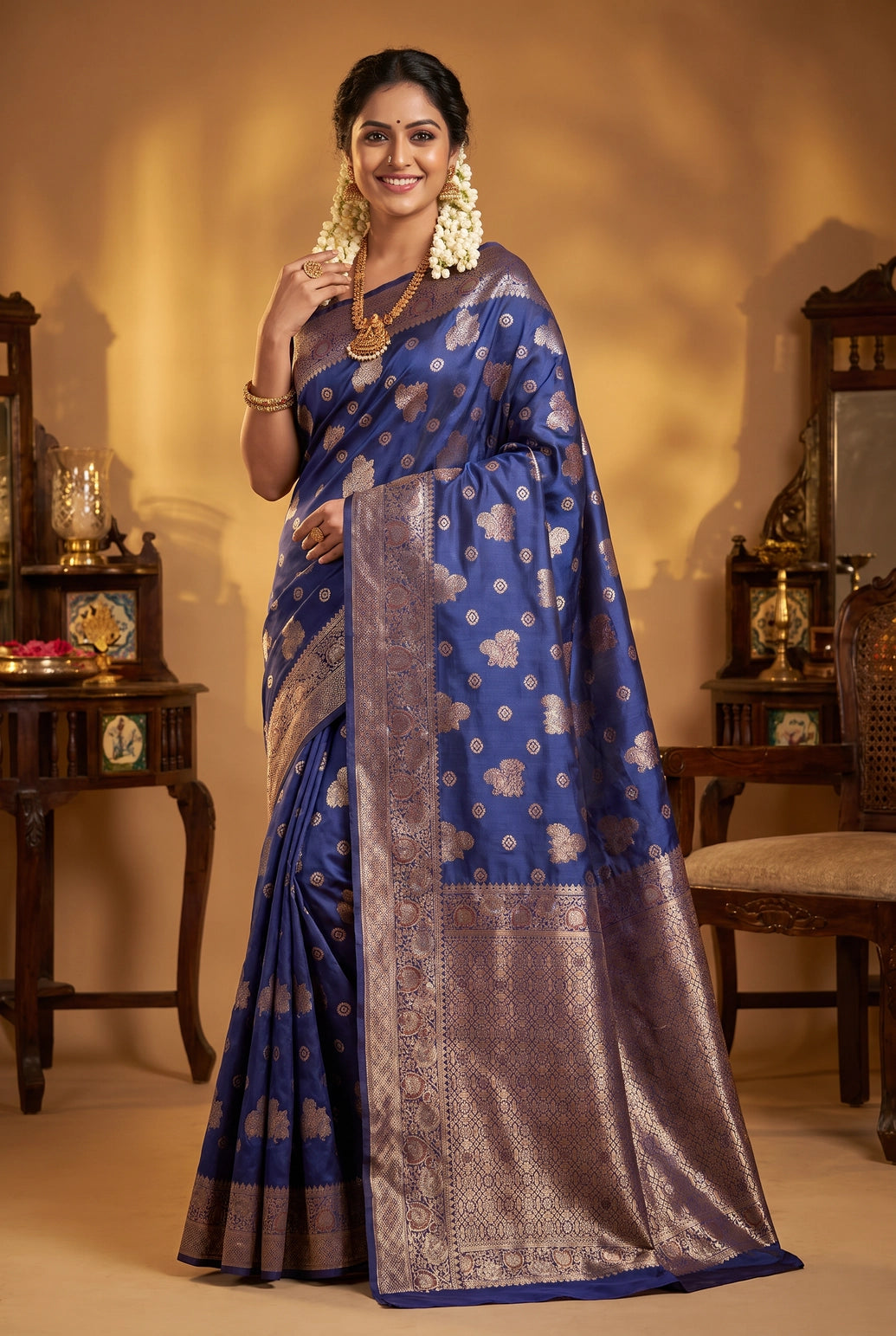 Blue Marathi Tadka Soft Silk Saree with Rich Pallu and Pure Zari Floral Weave - Blue