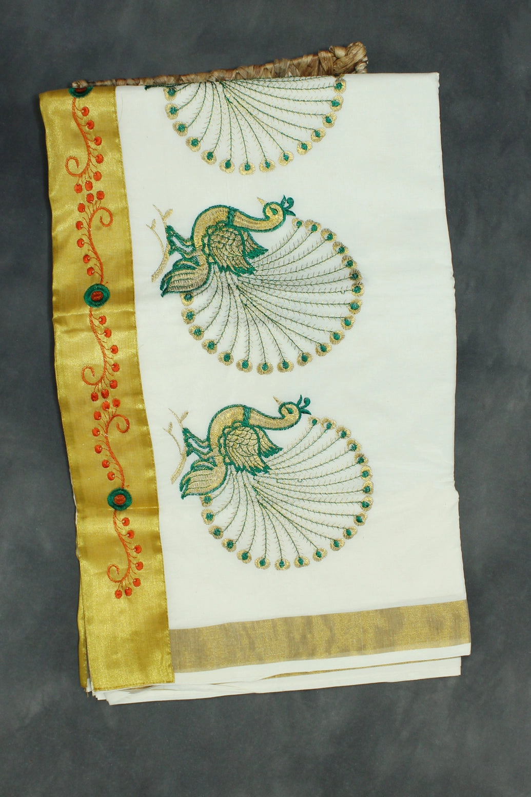 White Kerala Cotton Saree with Gold Zari and Green Peacock Thread Embroidery, Lightweight Traditional Pallu, Includes Blouse Piece - White