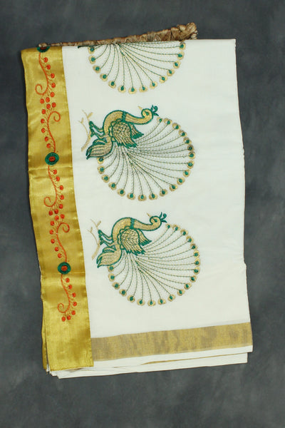 White Kerala Cotton Saree with Gold Zari and Green Peacock Thread Embroidery, Lightweight Traditional Pallu, Includes Blouse Piece - White