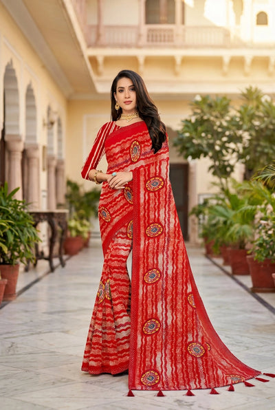 Orange Georgette Saree with Striped Motifs and Contrast Border | Full Siroski Work Printed Ethnic Wear - Orange
