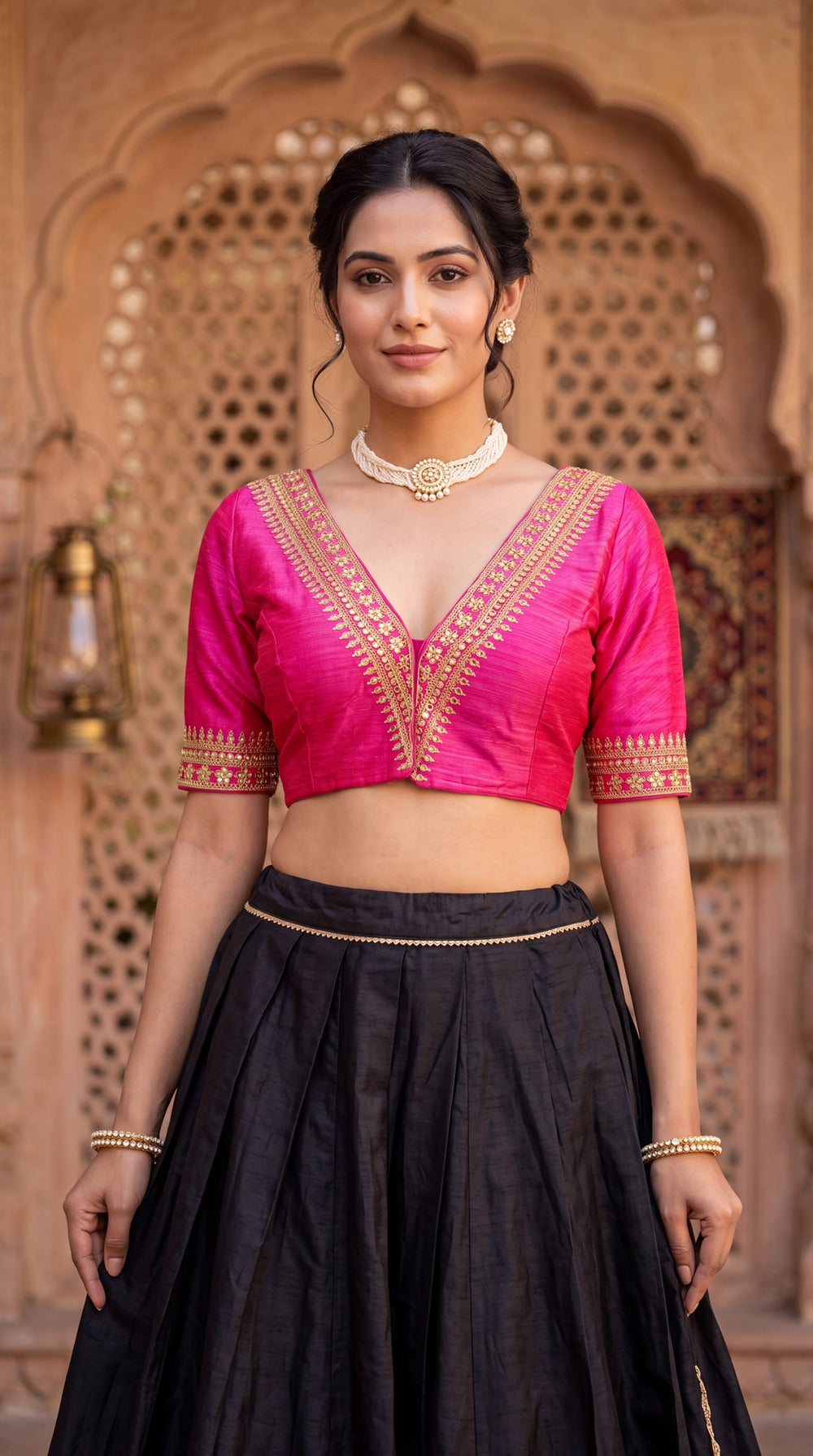 Pink Readymade Designer Padded Blouse with V-Neck Gold Zari & Sequin Work, Elbow Sleeves, Back Knot - Pink