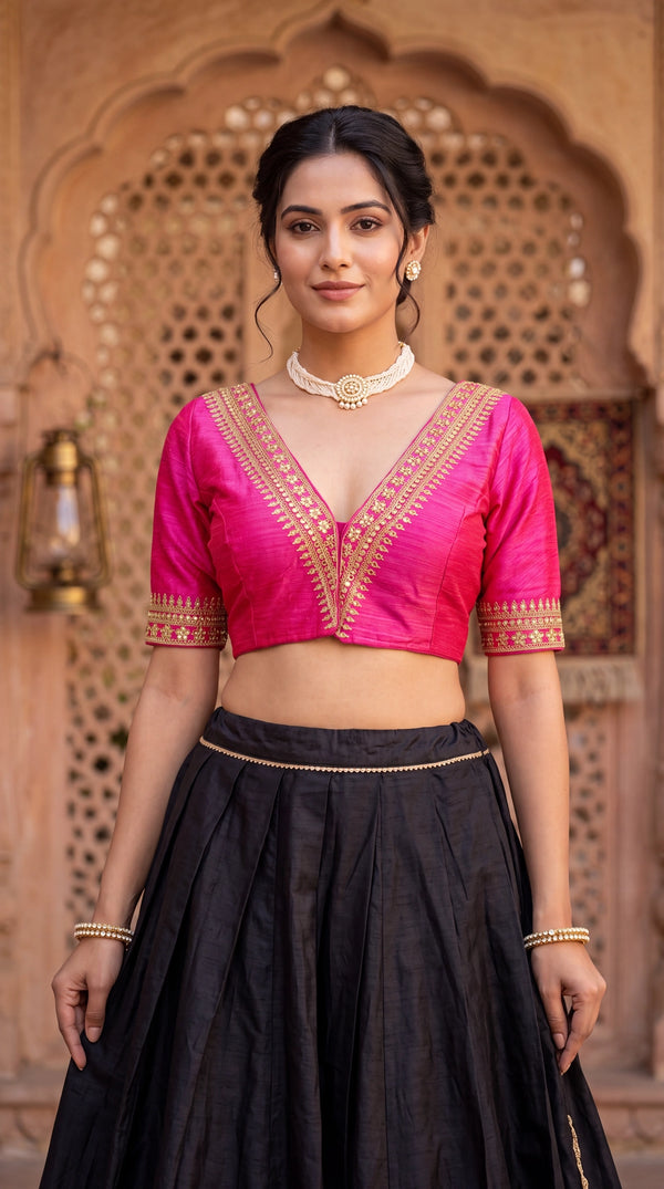 Pink Readymade Designer Padded Blouse with V-Neck Gold Zari & Sequin Work, Elbow Sleeves, Back Knot - Pink