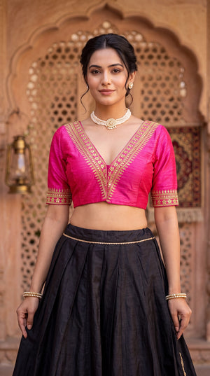Pink Readymade Designer Padded Blouse with V-Neck Gold Zari & Sequin Work, Elbow Sleeves, Back Knot