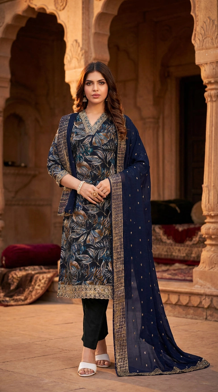 Navy Blue Floral Cotton 3-Piece Kurti Set with V-Neck Aari Work & Jacquard Dupatta, Elastic Pant - Navy blue