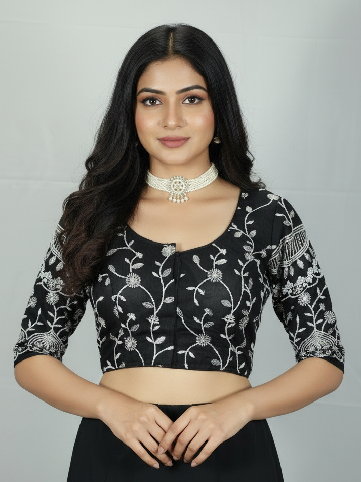 Black Readymade Designer Padded Blouse with Aari Floral Embroidery, Elbow Sleeves and Back Knot