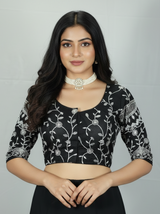Black Readymade Designer Padded Blouse with Aari Floral Embroidery, Elbow Sleeves and Back Knot
