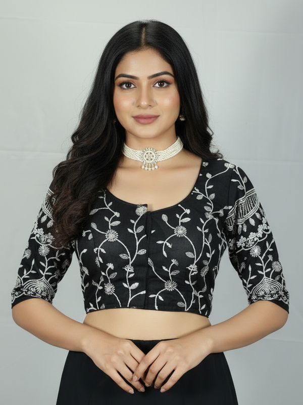 Black Readymade Designer Padded Blouse with Aari Floral Embroidery, Elbow Sleeves and Back Knot