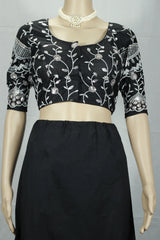 Black Readymade Designer Padded Blouse with Aari Floral Embroidery, Elbow Sleeves and Back Knot - Black