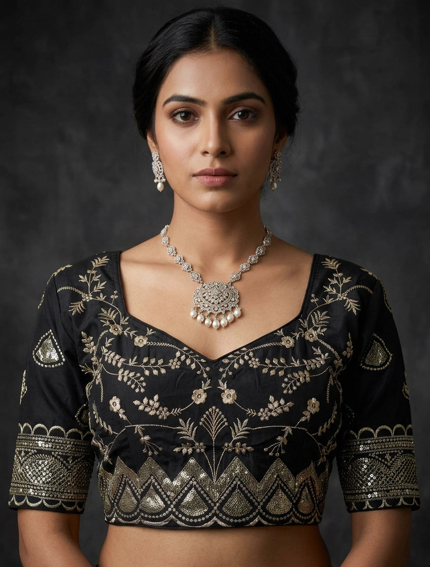 Black Readymade Padded Blouse with Embroidery & Sequence Work, Elbow Sleeve, Back Knot, Fully Stitched - Black