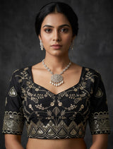 Black Readymade Padded Blouse with Embroidery & Sequence Work, Elbow Sleeve, Back Knot, Fully Stitched - Black