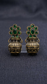 Green Antique Gold-Finish Jhumka Earrings with Floral Stud Pattern and Crystal Petal Detail - Green