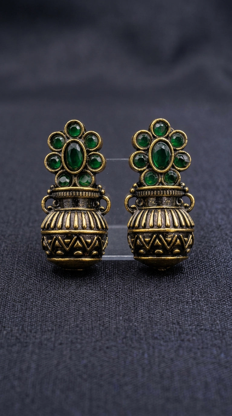 Green Antique Gold-Finish Jhumka Earrings with Floral Stud Pattern and Crystal Petal Detail - Green