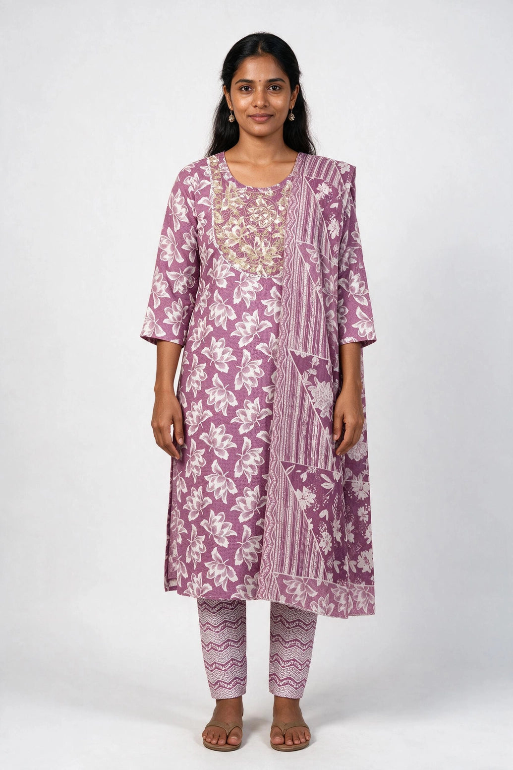 Pink Cotton 3-Piece Floral Kurti Set with Embroidery Work, Elastic Pant & Matching Dupatta - Pink