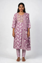 Pink Cotton 3-Piece Floral Kurti Set with Embroidery Work, Elastic Pant & Matching Dupatta - Pink