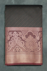 Dark Brown Emboss Silk Saree with Semi Silk Design Border and Contrast Finish - Dark Brown