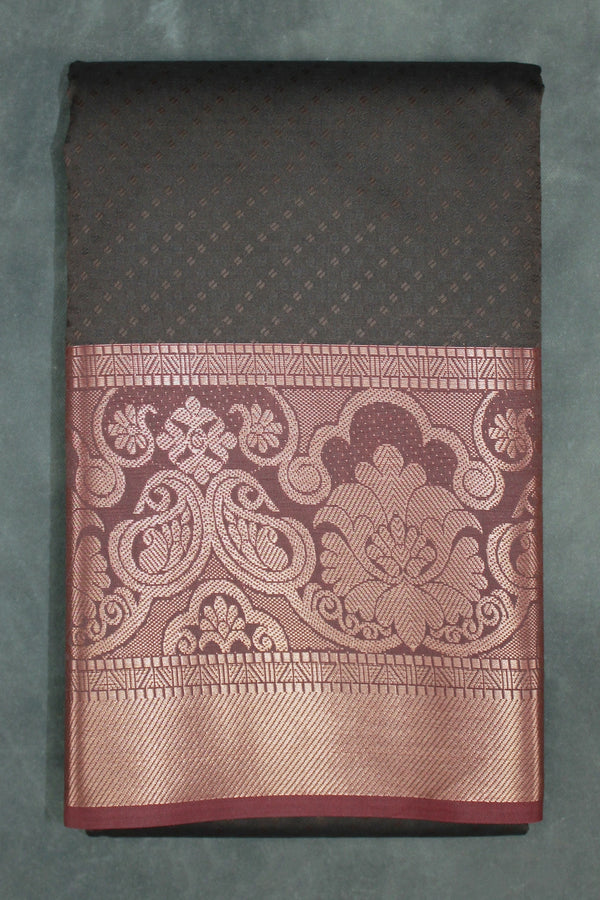 Dark Brown Emboss Silk Saree with Semi Silk Design Border and Contrast Finish - Dark Brown