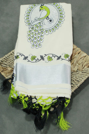 Half White Kerala Cotton Saree with Peacock Embroidery Silver Zari Thread Work