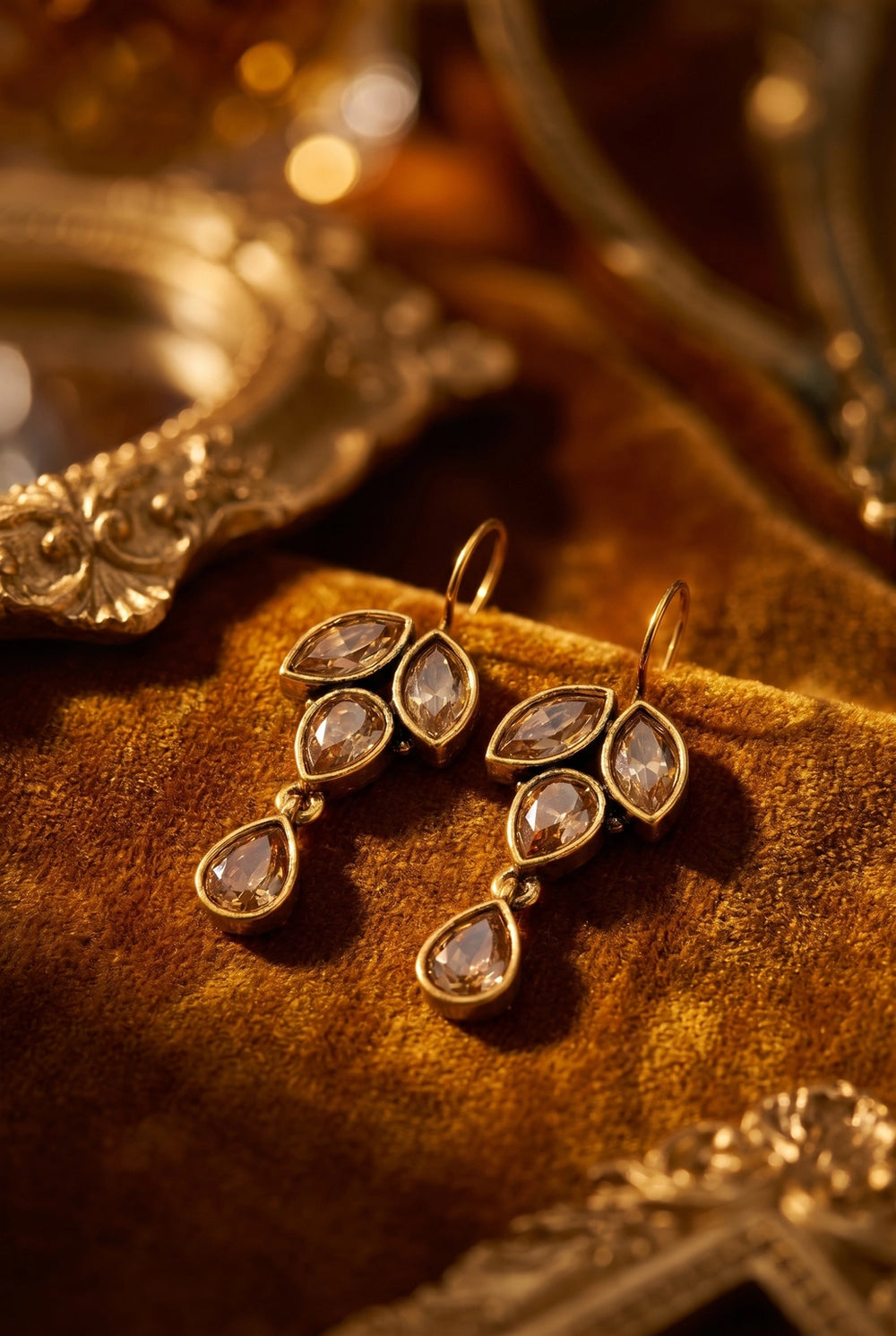 Champagne Light Brown Teardrop & Marquise Stone Dangling Earrings in Gold-Tone Setting for Women - Light brown