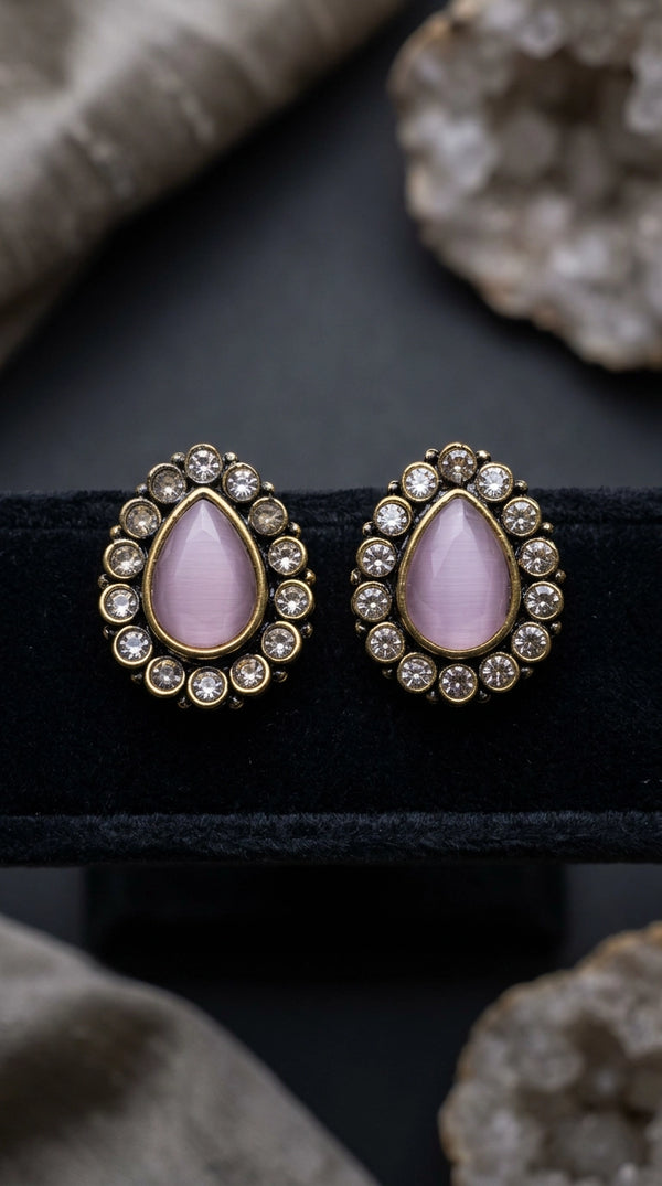 Light Pink Teardrop Halo Stud Earrings with Gold-Tone Crystal Border for Women - Light Pink