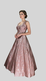 Peach Brocade Silk Lehenga with Silver Zari Floral Weave and Matching Sleeveless Designer Blouse - Peach
