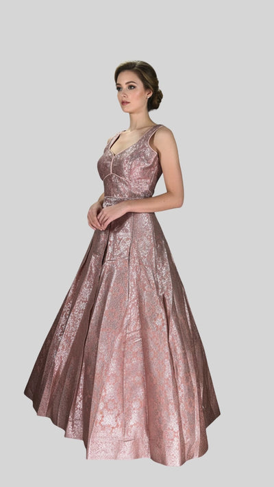 Peach Brocade Silk Lehenga with Silver Zari Floral Weave and Matching Sleeveless Designer Blouse - Peach