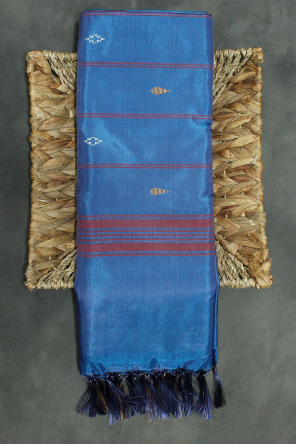 Blue Vaazhai Naar (Banana Pith) Saree with Zari Design Border, Small Butta and Blouse Piece - Blue