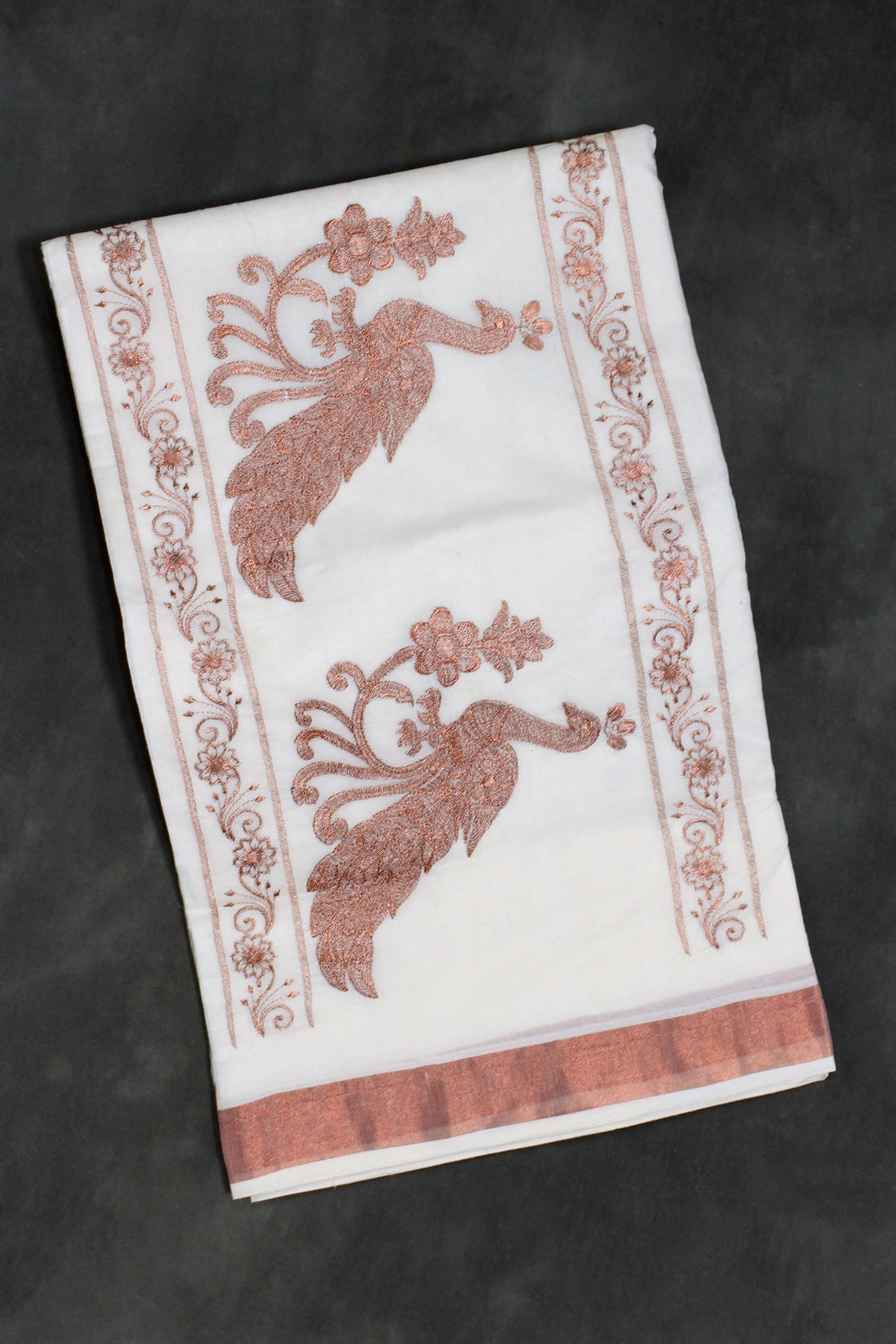 White Kerala Cotton Saree with Copper Zari Peacock Embroidery - White
