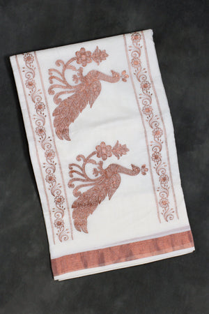 Lightweight Pure Kerala Cotton Saree, White with Copper Zari Machine Embroidered Peacock and Floral Pallu