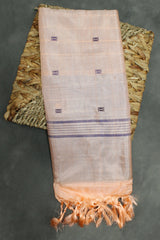 Vaazhai Naar (Banana Pith) Borderless Navy Blue & Peach Saree with Small Butta Motifs, Traditional Weave - Navy Blue & Peach