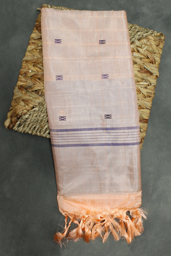 Vaazhai Naar (Banana Pith) Borderless Navy Blue & Peach Saree with Small Butta Motifs, Traditional Weave - Navy Blue & Peach