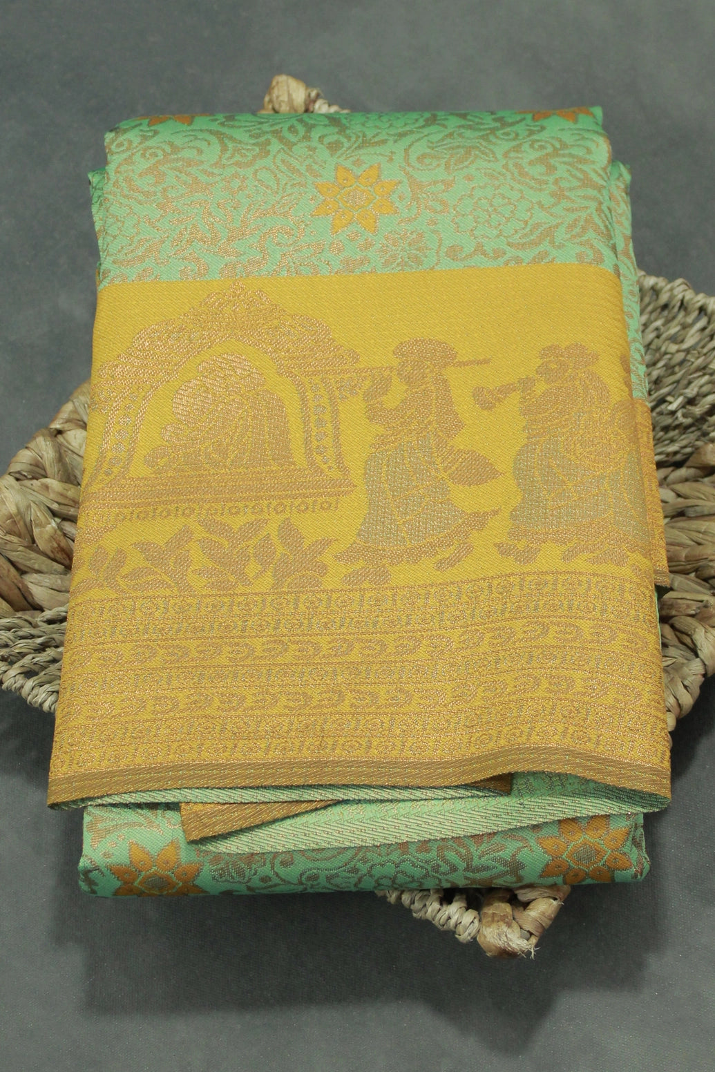 Pista Green Kubera Silk Saree with Pallakku Design Border and Blouse, Semi Silk Traditional Wear - Pista Green
