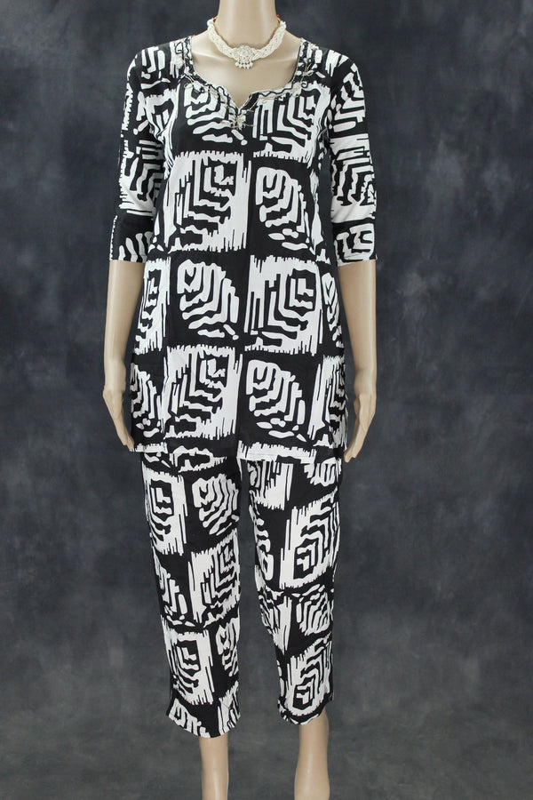 Black & White Rayon Printed Kurti Set with Beaded Neck and Elastic Pant Kurti JCS Fashions Black & White Medium (38)