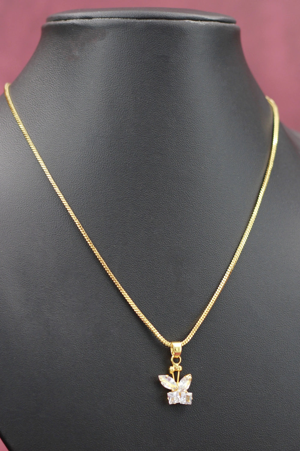 Gold-Tone Textured Chain Necklace with Cubic Zirconia Butterfly Pendant for Women - Gold