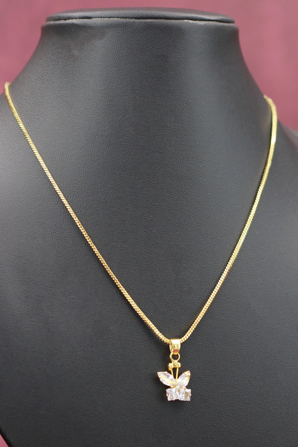 Gold-Tone Textured Chain Necklace with Cubic Zirconia Butterfly Pendant for Women - Gold