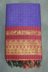 Violet Kalyani Cotton Saree with Zari Checked & Peacock Border and Blouse - Violet