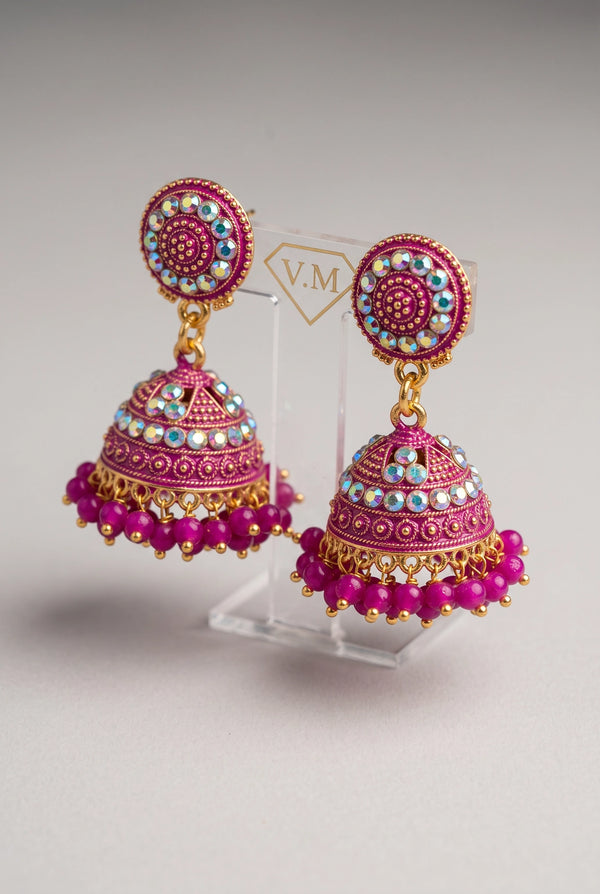Traditional Jhumka Earrings with White Stone Work and Beaded Gold-Tone Drops for Festive Wear