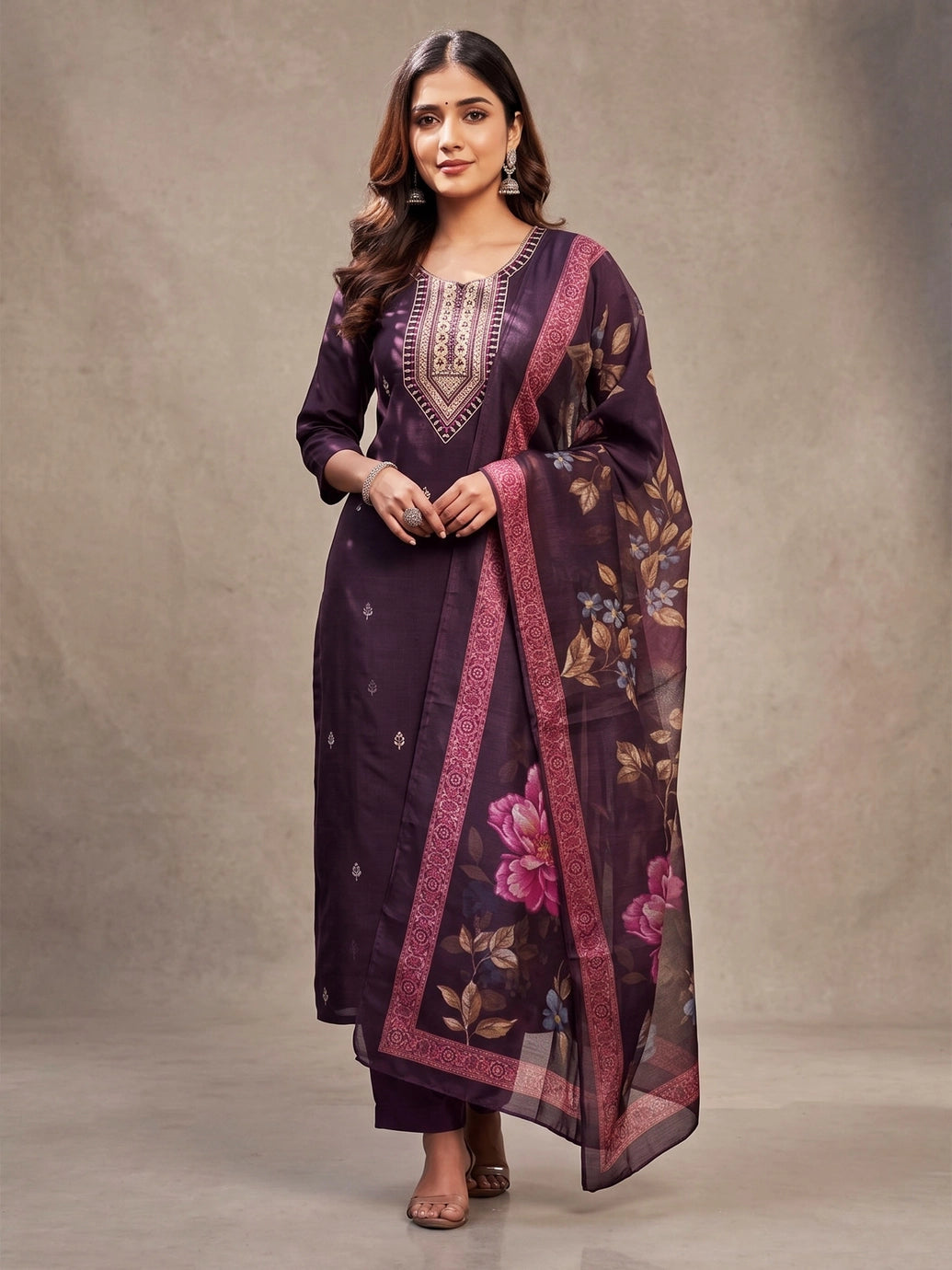 Purple Roman Silk 3-Piece Kurti Set with Elastic Pant and Zari-Sequence Organza Digital Dupatta - Purple