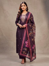 Purple Roman Silk 3-Piece Kurti Set with Elastic Pant and Zari-Sequence Organza Digital Dupatta - Purple