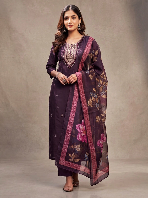 Purple Roman Silk 3-Piece Kurti Set with Elastic Pant and Zari-Sequence Organza Digital Dupatta - Purple