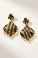 Maroon Stone Gold-Tone Jhumka Earrings with Pearl Beads for Traditional Festive Wear - Maroon