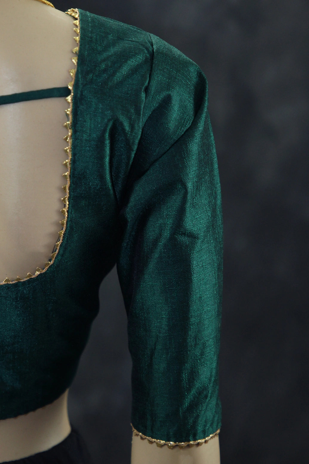 Readymade Designer Green Raw Silk Padded Blouse, Elbow Sleeves, Back Knot, Fully Stitched Blouse JCS Fashions